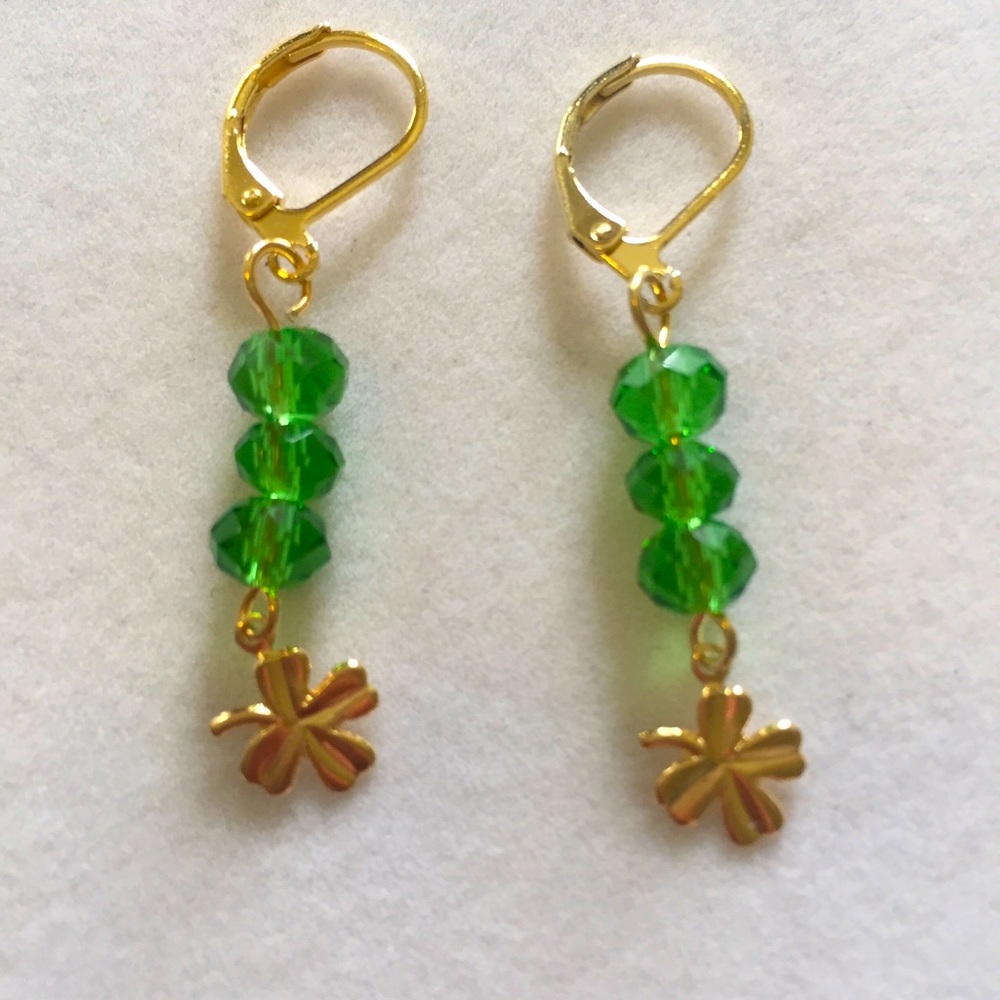 HAND CRAFTED Earrings Gold Plated Shamrocks Faceted Mint Green Crystals